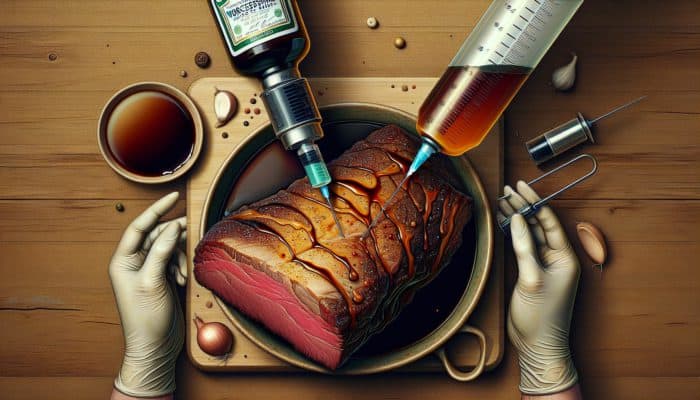 Juicy brisket being injected with flavorful mixture and soaking in marinade to enhance tenderness and flavor.