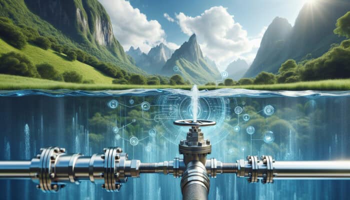 A modern water valve system in Squamish with clear water, lush landscapes, and mountains.