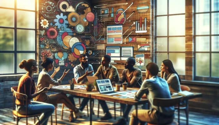 A small business owner in Sherborne with expert designers discussing modern website layouts on a digital screen in a rustic office.