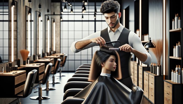 Hairstylist using fine-tooth comb on straight hair and wide-tooth comb on curly hair in salon.