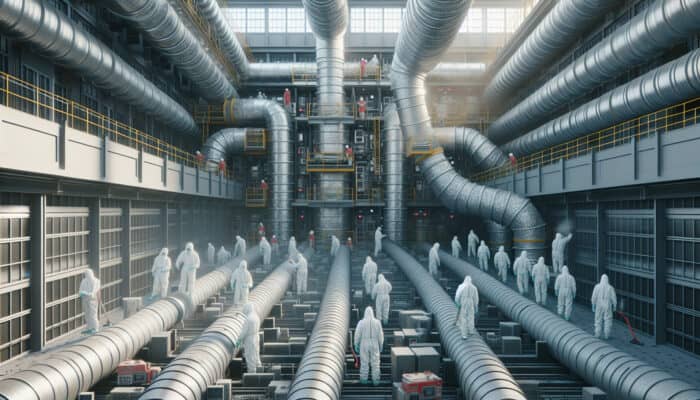 Commercial building ductwork being cleaned by workers in hazmat suits in a dusty, high-traffic area.