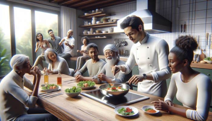 A chef preparing a colorful meal in a serene kitchen, surrounded by eager picky eaters.