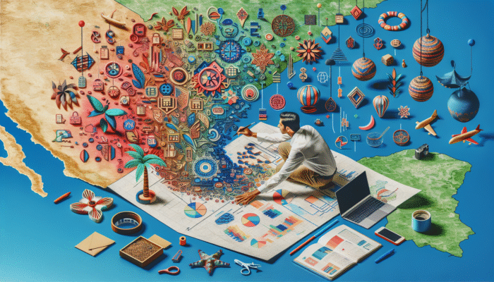 A person planning a Belize trip with a map, brochures, laptop, and tropical decor.