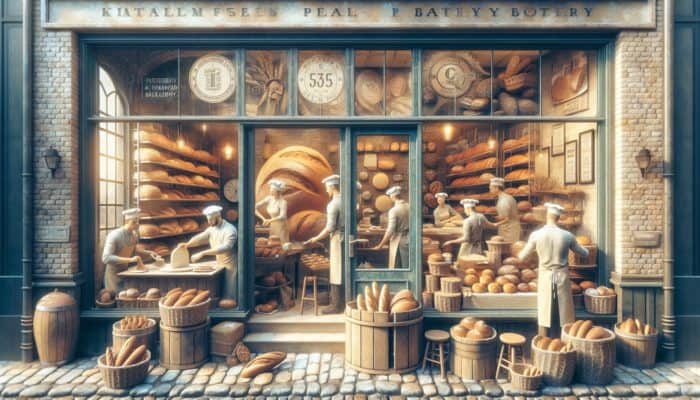 A bustling Plymouth bakery displaying fresh bread and signs for local SEO visibility.