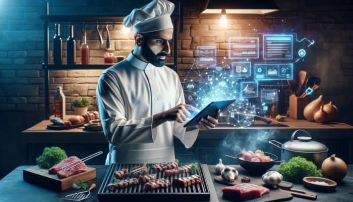 A chef utilising AI on a tablet to create BBQ recipes in a modern kitchen equipped with grilling tools and meats.