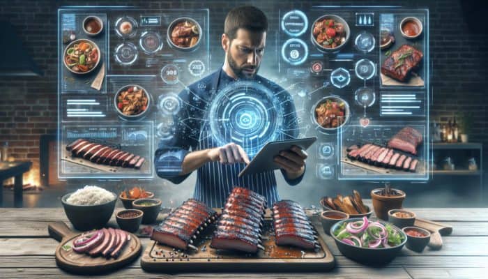 A BBQ competitor utilising an AI tablet interface to optimise recipes, adjusting temperature and spice ratios, with various enhanced BBQ dishes displayed.