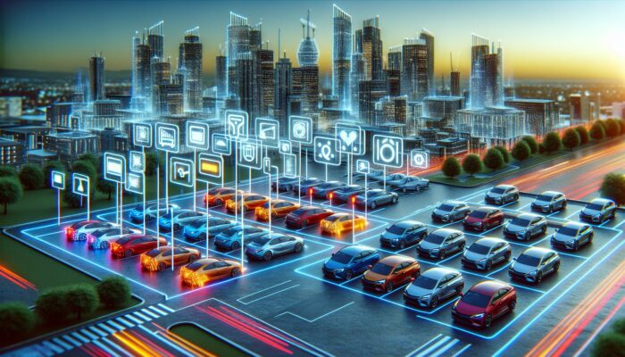 View of the best car rental loyalty programs in a modern urban landscape with cars and logos on screens.