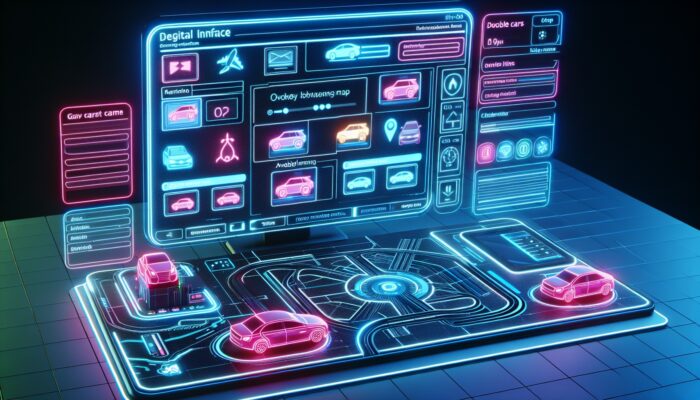 Futuristic digital interface with neon-colored cars on an interactive map for online booking.