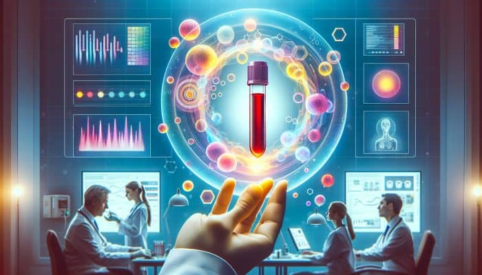 Illustration of ferritin blood test in Woking clinic, experts analyzing results on screen.