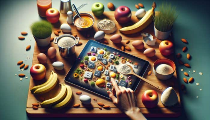 A beginner cook utilises a tablet to explore ingredient substitutions in a vibrant kitchen, surrounded by eggs, applesauce, bananas, almond flour, and oats.