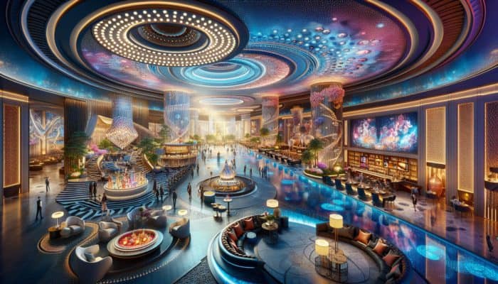 Luxurious Vegas hotel lobby with guests enjoying spa, gourmet dining, and live entertainment.
