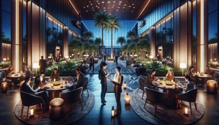 A serene Las Vegas hotel lobby at dusk with guests dining and checking in using smartphones.