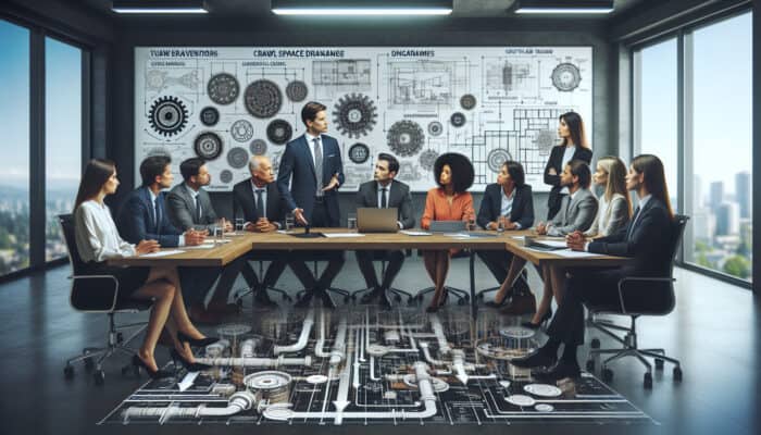 Experts discussing crawl space drainage solutions in Tsawwassen, Delta office with diagrams and models.