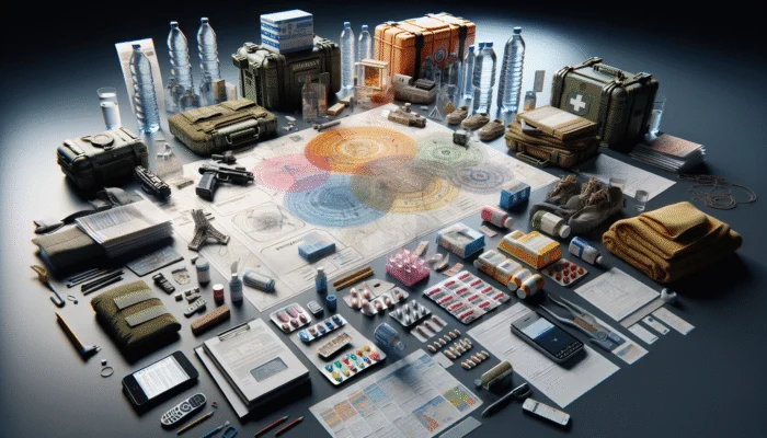 A detailed emergency plan on a table with a portable kit and emergency contact numbers visible.