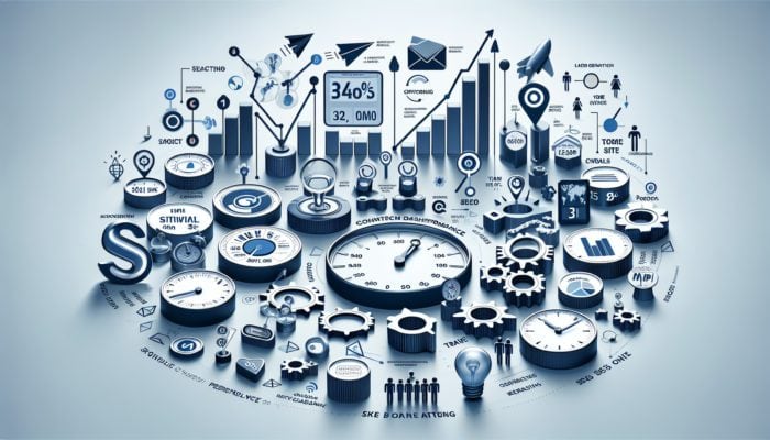 A digital dashboard showing various content performance metrics including website traffic, social media engagement, and conversion rates.