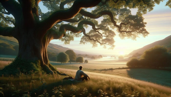 A person under an old oak tree in the Australian countryside, reflecting with comforting light and spirits around.