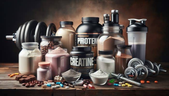 Protein powder, creatine, BCAAs, and glutamine in glass jars on a wooden table, with dumbbells and shaker bottle.