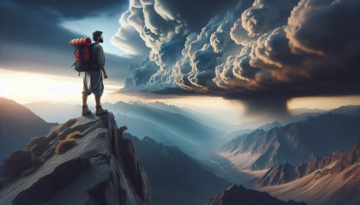 A determined explorer atop a rugged mountain gazes at a stormy horizon, symbolising conquering survival doubt.