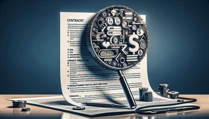 Detailed loan contract on a desk, highlighting terms like APR and fees, viewed through a magnifying glass.