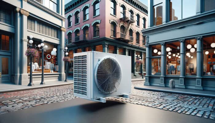A modern heat pump on a historic Gastown building, blending with cobblestone streets and heritage architecture.