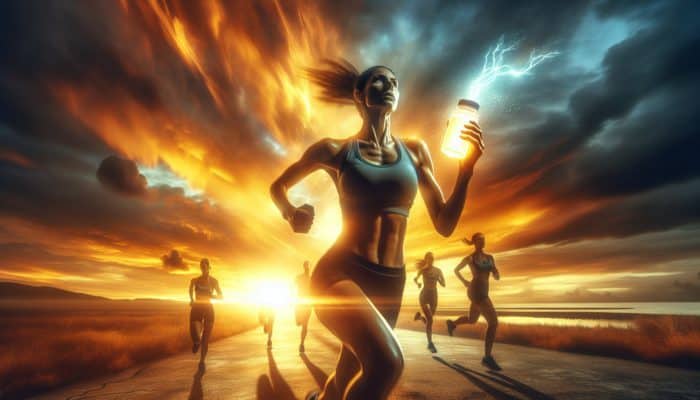Endurance athlete running marathon at sunrise, holding glowing BCAA bottle for enhanced stamina and recovery.