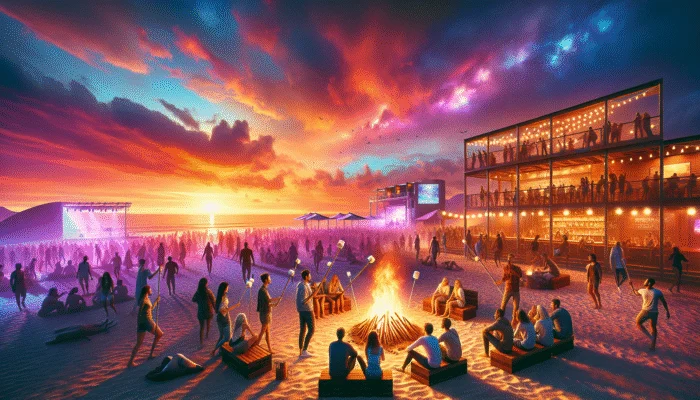 A vibrant beach sunset scene with bonfire, live music at a bar, and a movie screening.