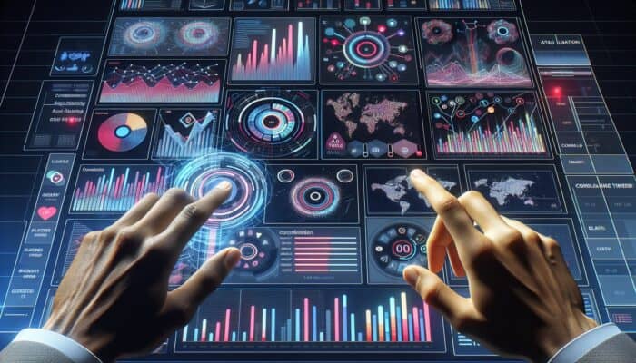 A digital dashboard with analytics charts and hands adjusting sliders, symbolizing click-through rate optimization.
