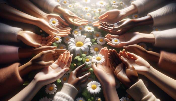 Chamomile flowers in soft light, diverse hands delicately touching petals, symbolising skincare safety and versatility.