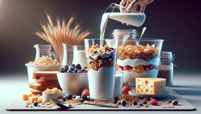 A balanced breakfast with milk, yoghurt parfait, cheese on toast, and plant-based dairy options.