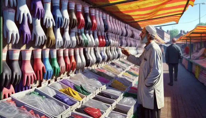 Person in Eastleigh market inspecting durable polythene gauntlet gloves at a vendor's stall.