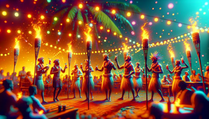 A vibrant tiki festival with live Polynesian music, dance, and colorful decor, featuring cocktails like Mai Tais and Zombies.