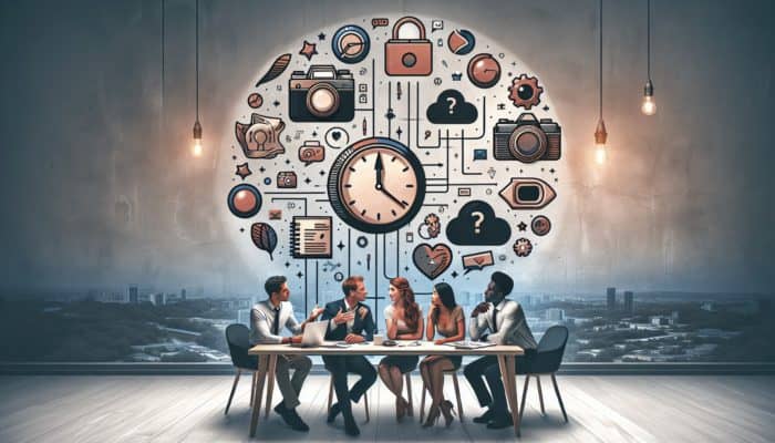 A small business team strategizing with a content calendar, repurposing content, and collaborating with freelancers under a clock.