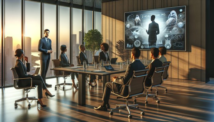A diverse group of professionals in a conference room attending an ethical sourcing training session with a presenter using a digital screen.