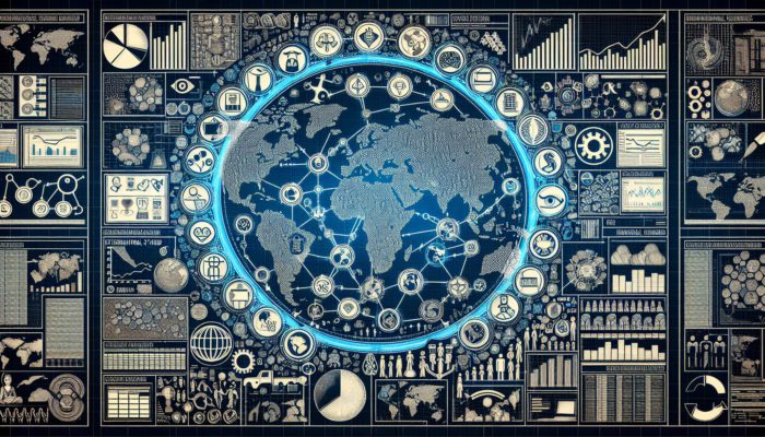 A global supply chain map with cultural symbols, standards documents, and cost charts showing ethical sourcing challenges.