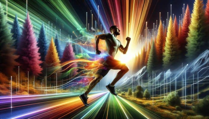 An athlete running through a forest, energized by black ginger, with scientific charts showing positive research outcomes.