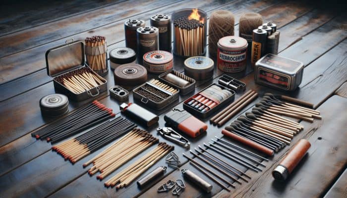 Diverse fire-starting tools on a rustic wooden table, neatly organized and maintained.