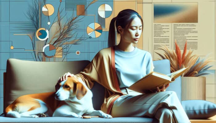 A person reading a book in a serene living room, with a dog and cat snuggling close, illustrating pet-induced relaxation.