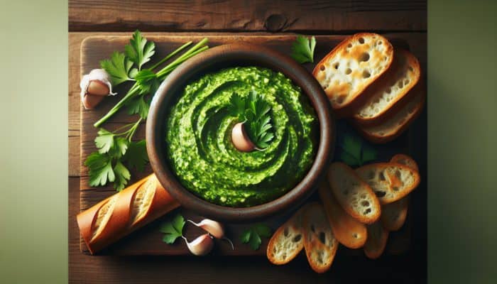 A vibrant green parsley and garlic dip in a rustic bowl with artisan breads and crisp crackers on a wooden table.