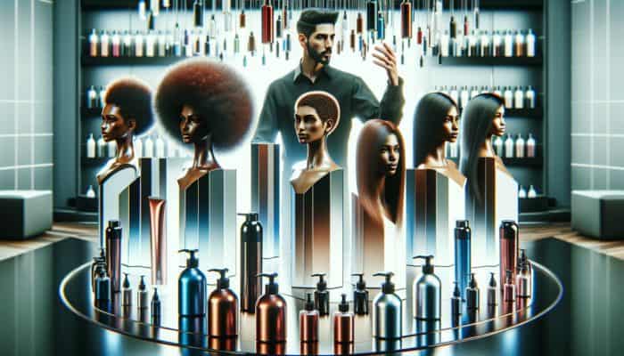 A hair salon with a stylist demonstrating hair lacquers on diverse models, showcasing products on a modern counter.