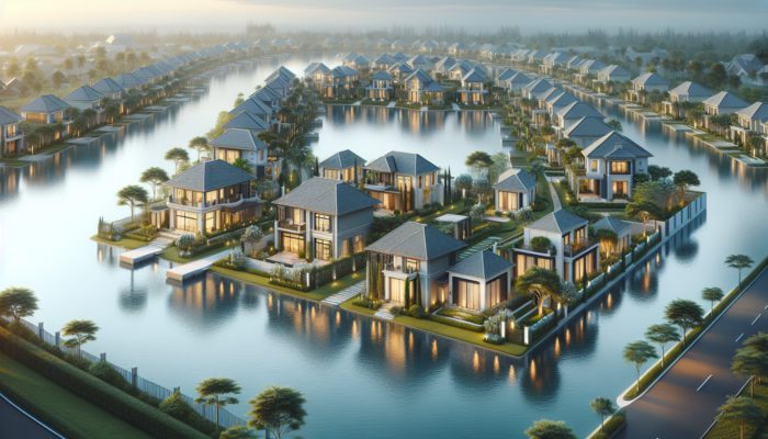 A luxurious gated community with elegant homes, lush landscaping, and a serene lake, symbolizing long-term investment and property value appreciation.