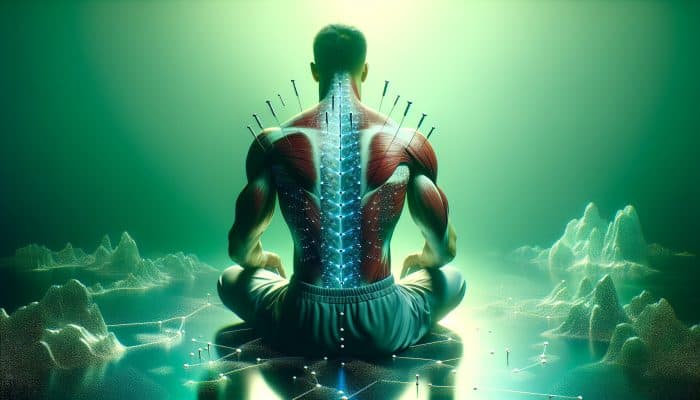 A serene acupuncture session with needles on a muscular back, surrounded by green light and muscle diagrams.