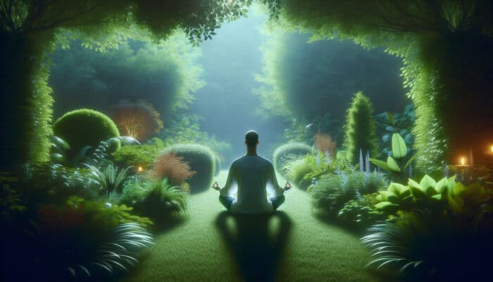 A person meditating in a peaceful garden, symbolizing burnout management through mindfulness.