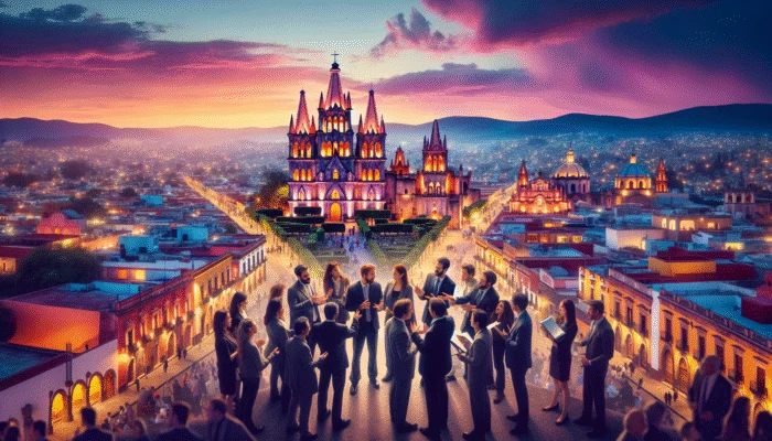 Aerial view of San Miguel de Allende at sunset, showcasing vibrant cathedrals and cobblestone streets, with experts engaged in discussion.