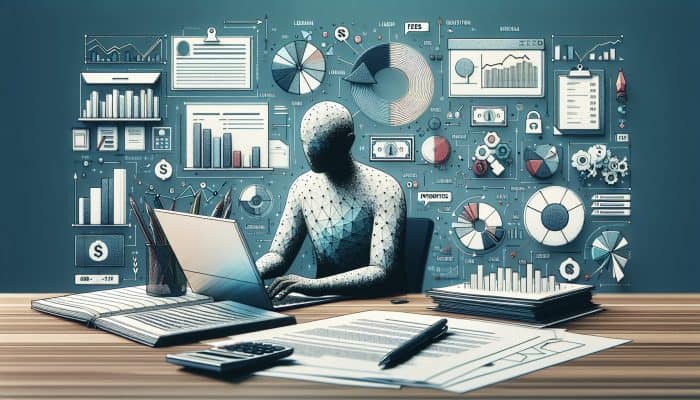 A person analyzing loan documents with graphs and charts on a desk, using a laptop for online lender reviews in an office.