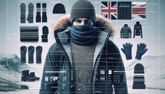 Person in UK winter gear: layered with moisture-wicking base, fleece, waterproof jacket, thermal socks, and gloves.