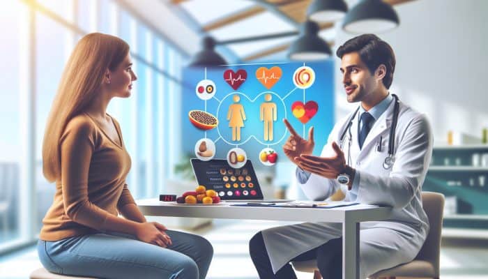 A Kempston healthcare provider discussing cholesterol results and dietary advice with a patient in a clinic.