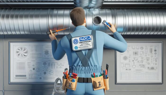 Certified duct cleaning technician in blue uniform using specialised tools, displaying NADCA certification badge.