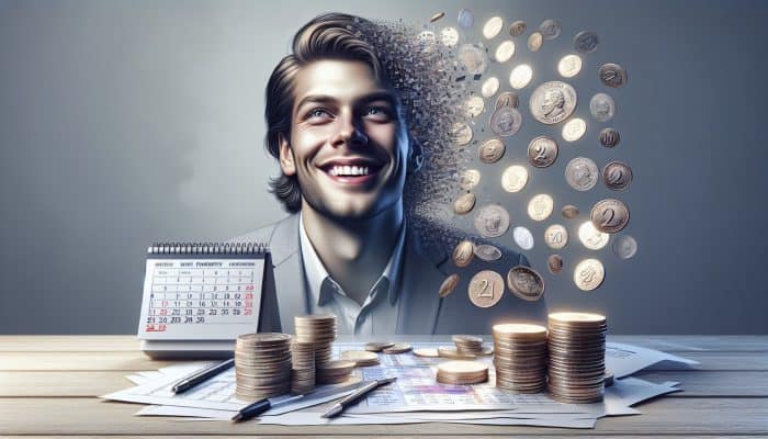 A smiling UK resident with consolidated bills, symbolizing financial relief and improved credit score.