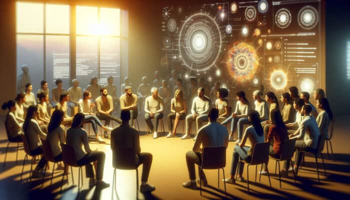 A diverse group in a circle, engaged in supportive conversation and sharing personal stories.