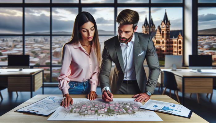 Buyer in Colesberg consulting conveyancer, reviewing deeds and zoning maps against town's historic backdrop.